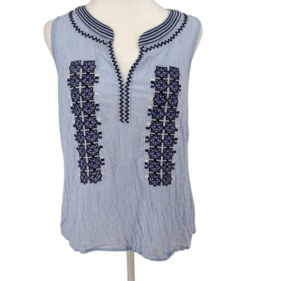 The Impeccable Pig Blue Embroidered Boho Sleeveless Top Sz M Cotton Linen Blend - Picture 1 of 7